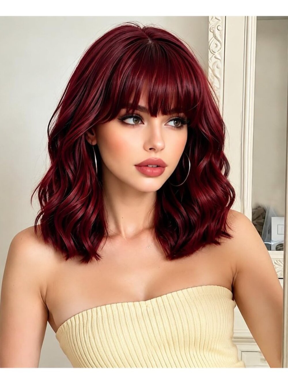 Burgundy Bob Wig Bangs – Wavy Synthetic Shoulder Length